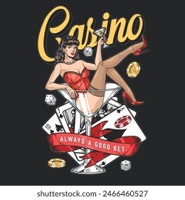 Casino gaming colorful vintage flyer with seductive girl offering to gamble for money and try your luck vector illustration