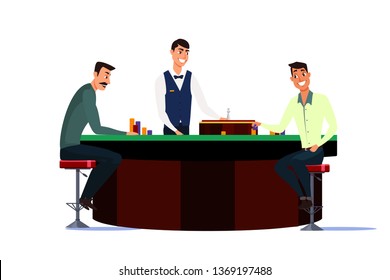 Casino, gaming house flat vector illustration. Cheerful men cartoon characters. People playing roulette. Gambling industry