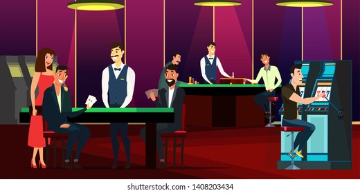 Casino, gaming house flat vector illustration. Cheerful men and woman in dress cartoon characters. People playing cards, roulette. Guy using slot machine. Casino interior decor. Gambling industry