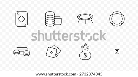 Casino gaming set icon. Playing card, chip stack, poker table, round chip, coin bridge, dice pair, money bag, lucky seven block in gambling line style.