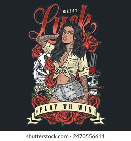 Casino gaming vintage poster colorful lady standing near playing cards and roses with skull with cigar in teeth vector illustration