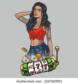 Casino girl colorful sketch slot machines in retro style and money with woman inviting to gamble with jackpot vector illustration