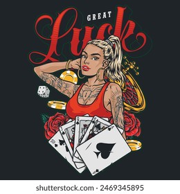 Casino girl colorful vintage poster with hustle lady with cards and roses or chips for playing roulette vector illustration