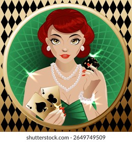Casino girl with dice and Pocket Aces , art deco vip card, vector illustration