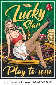 Casino girl vintage flyer colorful with roulette table and gambling chips next to attractive lady from Las Vegas vector illustration