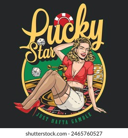 Casino girl vintage flyer colorful with inscription lucky star near cheerful lady sitting on table for playing roulette vector illustration