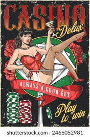 Casino girl vintage flyer colorful with chips near lady inviting to try luck by placing bets in gambling vector illustration