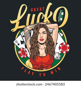 Casino girl vintage sticker colorful with great luck title and playing cards and gambling chips near woman vector illustration