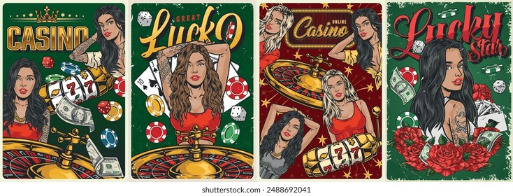 Casino girls colorful set stickers with lucky stars with chips and gambling equipment and money or flowers vector illustration