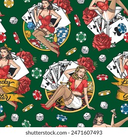 Patrón sin fisuras de las muchachas del casino colorido con las tarjetas y las fichas de juego para el diseño del recuerdo para la Ilustración vectorial de los fans del póquer