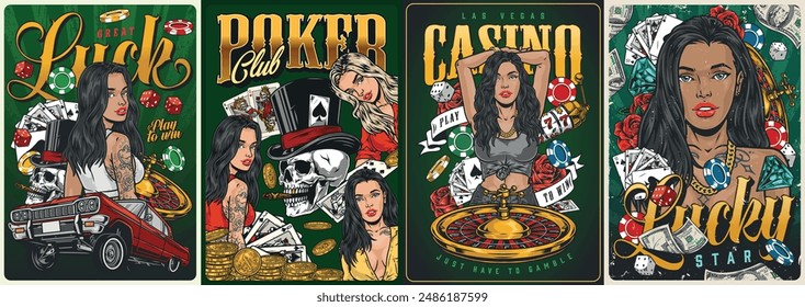 Casino Girls setzen Poster mit bunten Glücksspiel-Schönheiten, die Sie nach Las Vegas einladen, um Blackjack und Roulette-Vektorillustration zu spielen