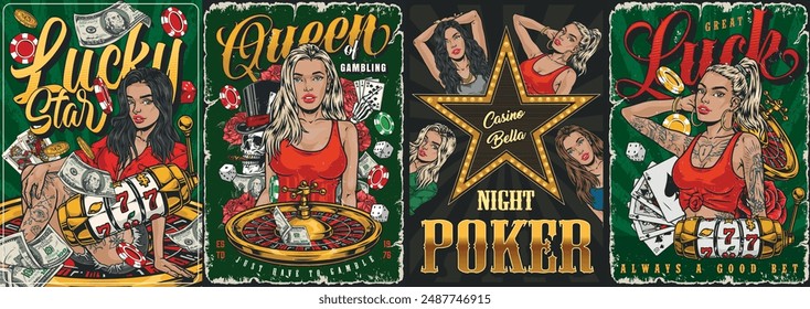 Casino girls set posters colorful with gambling beauties inviting you to Las Vegas to play blackjack and roulette vector illustration