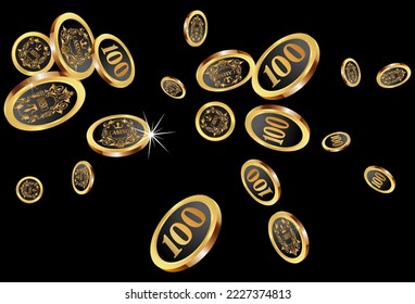 Casino Gold Chips fallen hinab. Casino Chips regnen. Muster für Werbung für Partys, Events in Vegas. Symbol des Erfolgs und des Glücks