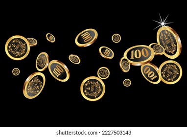 Casino Gold Chips are falling down. Casino Chips rain. Pattern for ads of parties, events in Vegas. Symbol of success and good luck