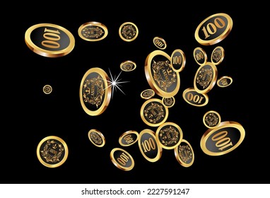 Casino Gold Chips are falling down. Casino Chips rain. Pattern for ads of parties, events in Vegas. Symbol of success and good luck