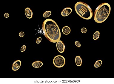 Casino Gold Chips are falling down. Casino Chips rain. Pattern for ads of parties, events in Vegas. Symbol of success and good luck