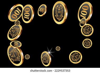 Casino Gold Chips are falling down. Casino Chips rain. Pattern for ads of parties, events in Vegas. Symbol of success and good luck

