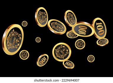 Casino Gold Chips are falling down. Casino Chips rain. Pattern for ads of parties, events in Vegas. Symbol of success and good luck
