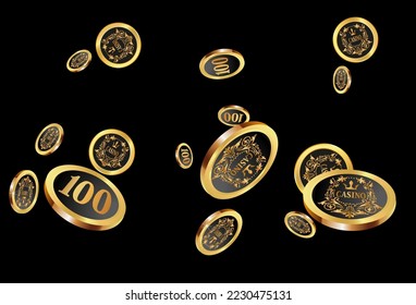 Casino Gold Chips are falling down. Casino Chips rain. Pattern for ads of parties, events in Vegas. Symbol of success and good luck
