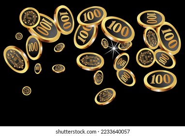 Casino Gold Chips are falling down. Casino Chips rain. Pattern for ads of parties, events in Vegas. Symbol of success and good luck