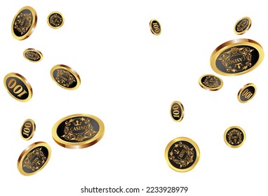 Casino Gold Chips are falling down. Casino Chips rain. Pattern for ads of parties, events in Vegas. Symbol of success and good luck
