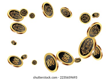 Casino Gold Chips are falling down. Casino Chips rain. Pattern for ads of parties, events in Vegas. Symbol of success and good luck
