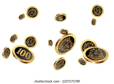 Casino Gold Chips are falling down. Casino Chips rain. Pattern for ads of parties, events in Vegas. Symbol of success and good luck
