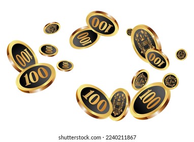 Casino Gold Chips are falling down. Casino Chips rain. Pattern for ads of parties, events in Vegas. Symbol of success and good luck
