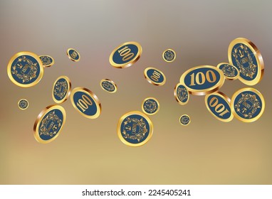 Casino Gold Chips are falling down. Casino Chips rain. Pattern for ads of parties, events in Vegas. Symbol of success and good luck
