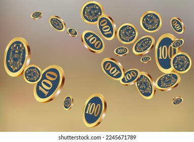 Casino Gold Chips are falling down. Casino Chips rain. Pattern for ads of parties, events in Vegas. Symbol of success and good luck
