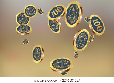 Casino Gold Chips are falling down. Casino Chips rain. Pattern for ads of parties, events in Vegas. Symbol of success and good luck
