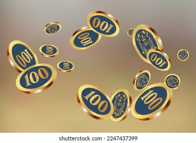 Casino Gold Chips are falling down. Casino Chips rain. Pattern for ads of parties, events in Vegas. Symbol of success and good luck
