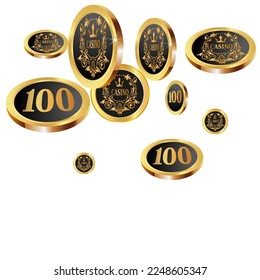 Casino Gold Chips are falling down. Casino Chips rain. Pattern for ads of parties, events in Vegas. Symbol of success and good luck
