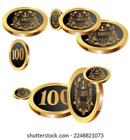 Casino Gold Chips are falling down. Casino Chips rain. Pattern for ads of parties, events in Vegas. Symbol of success and good luck
