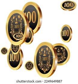 Casino Gold Chips are falling down. Casino Chips rain. Pattern for ads of parties, events in Vegas. Symbol of success and good luck