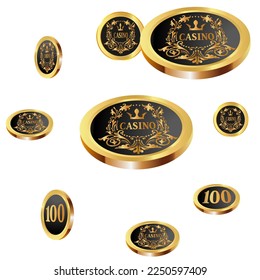 Casino Gold Chips are falling down. Casino Chips rain. Pattern for ads of parties, events in Vegas. Symbol of success and good luck
