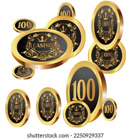 Casino Gold Chips are falling down. Casino Chips rain. Pattern for ads of parties, events in Vegas. Symbol of success and good luck