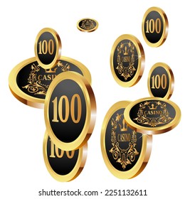 Casino Gold Chips are falling down. Casino Chips rain. Pattern for ads of parties, events in Vegas. Symbol of success and good luck
