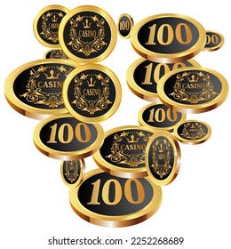 Casino Gold Chips are falling down. Casino Chips rain. Pattern for ads of parties, events in Vegas. Symbol of success and good luck
