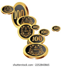 Casino Gold Chips are falling down. Casino Chips rain. Pattern for ads of parties, events in Vegas. Symbol of success and good luck
