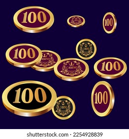 Casino Gold Chips are falling down. Casino Chips rain. Pattern for ads of parties, events in Vegas. Symbol of success and good luck
