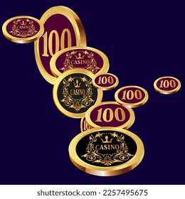 Casino Gold Chips fallen hinab. Casino Chips regnen. Muster für Werbung für Partys, Events in Vegas. Symbol des Erfolgs und des Glücks
