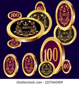Casino Gold Chips are falling down. Casino Chips rain. Pattern for ads of parties, events in Vegas. Symbol of success and good luck
