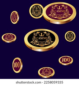 Casino Gold Chips are falling down. Casino Chips rain. Pattern for ads of parties, events in Vegas. Symbol of success and good luck
