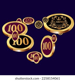 Casino Gold Chips fallen hinab. Casino Chips regnen. Muster für Werbung für Partys, Events in Vegas. Symbol des Erfolgs und des Glücks
