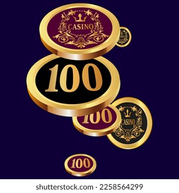 Casino Gold Chips are falling down. Casino Chips rain. Pattern for ads of parties, events in Vegas. Symbol of success and good luck

