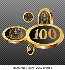 Casino Gold Chips are falling down. Casino Chips rain. Pattern for ads of parties, events in Vegas. Symbol of success and good luck

