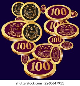 Casino Gold Chips are falling down. Casino Chips rain. Pattern for ads of parties, events in Vegas. Symbol of success and good luck
