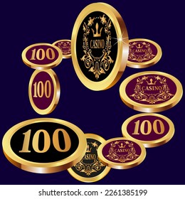 Casino Gold Chips are falling down. Casino Chips rain. Pattern for ads of parties, events in Vegas. Symbol of success and good luck
