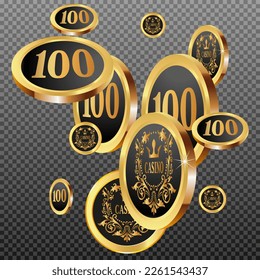 Casino Gold Chips are falling down. Casino Chips rain. Pattern for ads of parties, events in Vegas. Symbol of success and good luck
